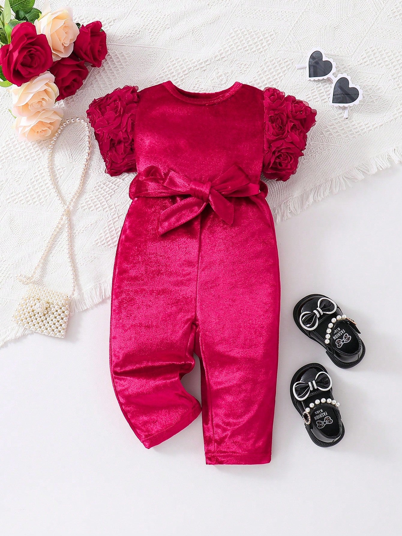 Baby Girl Elegant & Short Sleeve Romper With 3d Rose Decoration, Including Belt, Suitable For Spring/Summer Parties