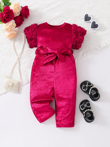 Baby Girl Elegant & Short Sleeve Romper With 3d Rose Decoration, Including Belt, Suitable For Spring/Summer Parties