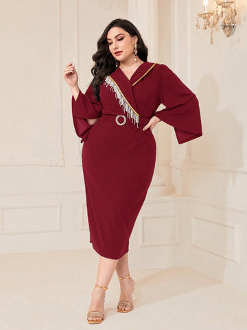 Plus Size Tassel Decorated Contrast Color Ruffle Bell Sleeve Dress