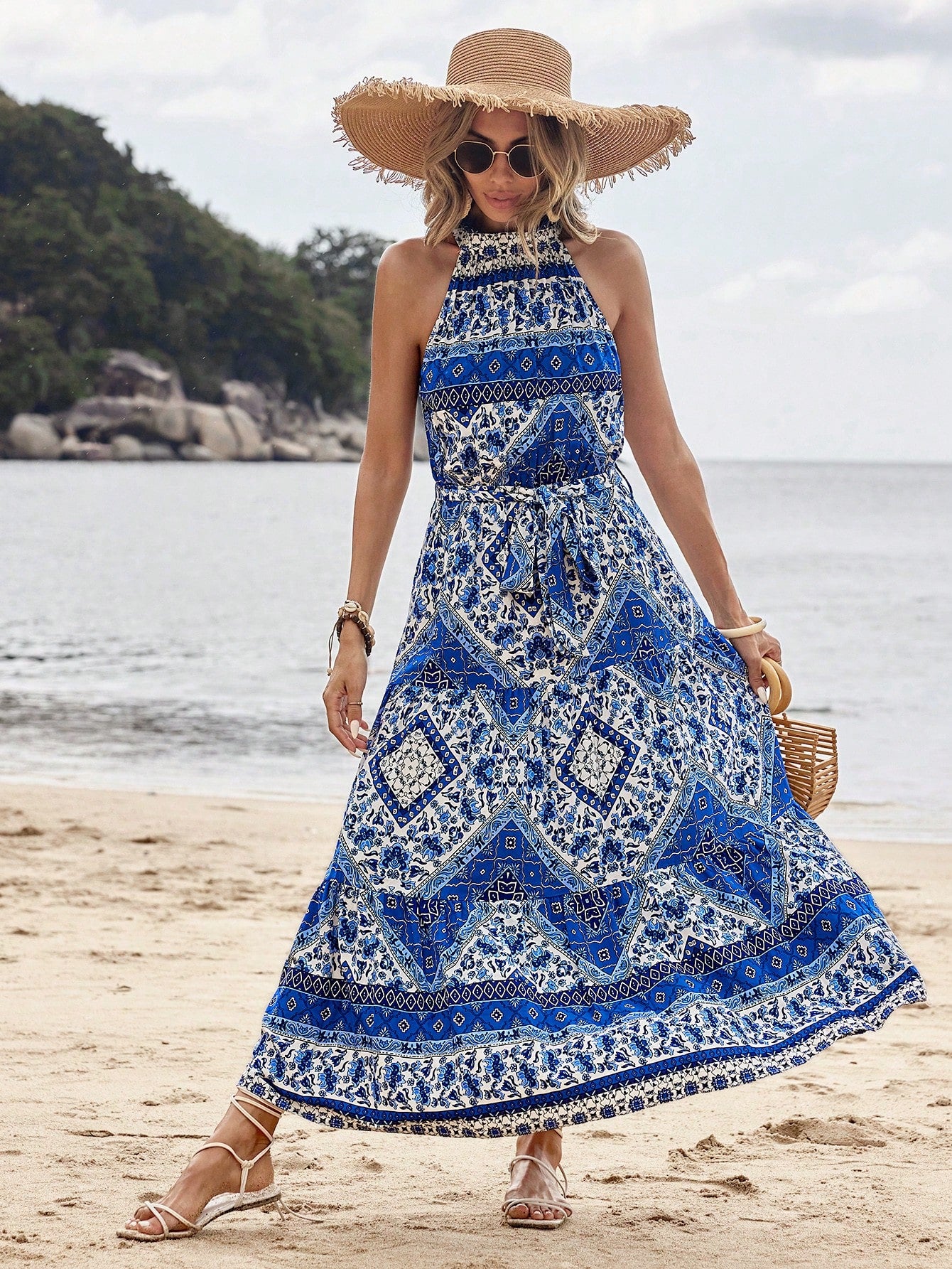 Women'S Printed Patchwork Halter Neck Dress