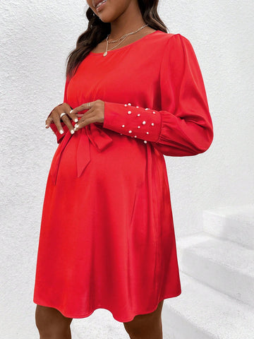 Maternity Pearl Decor Long Sleeve Waist Belted Dress