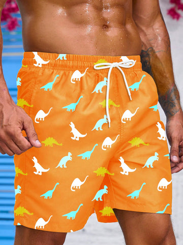 Men's Drawstring Waist Dinosaur Printed Beach Shorts