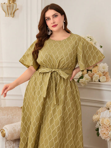 Plus Size Women'S Geometric Pattern Flounce Short Sleeve Dress