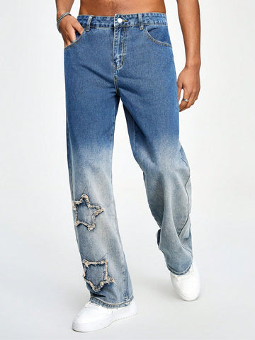 Men Star Pattern Gradient Color Denim Jeans