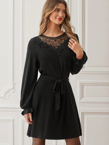 Lace Insert Long-sleeved Dress