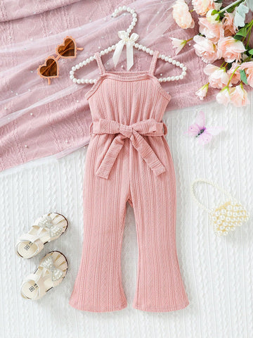 Baby Girl Casual & Elegant Sleeveless Jumpsuit With Flared Hem And Belt