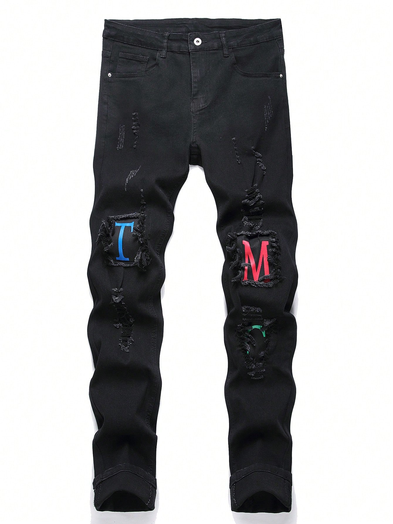 Men'S Denim Pants With Letter Print And Frayed Edges