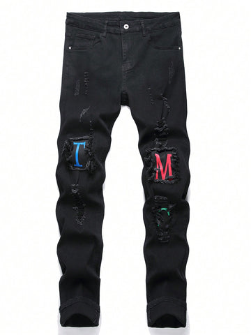 Men'S Denim Pants With Letter Print And Frayed Edges