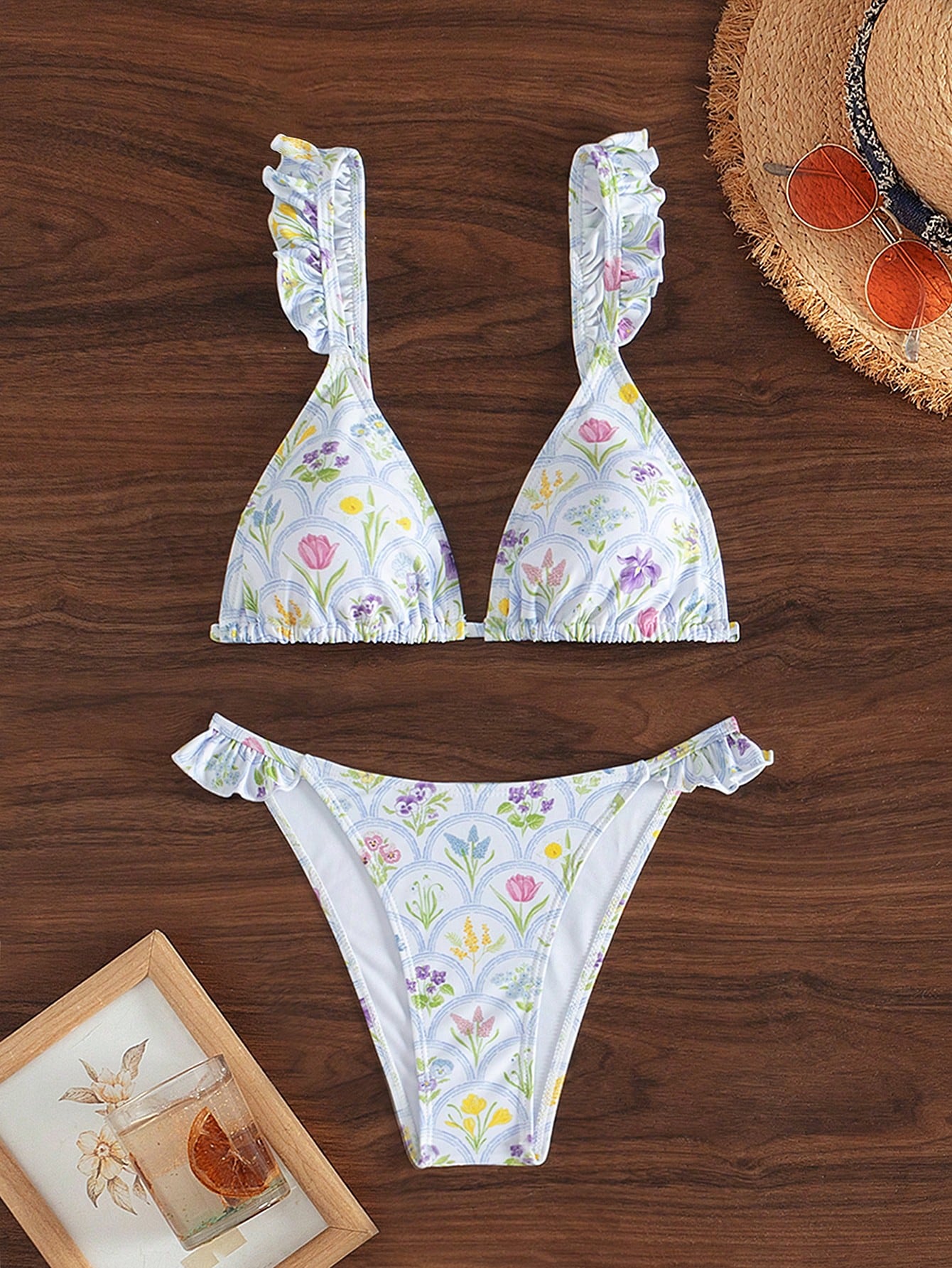 Women'S Floral Print Ruffled Swimsuit Set