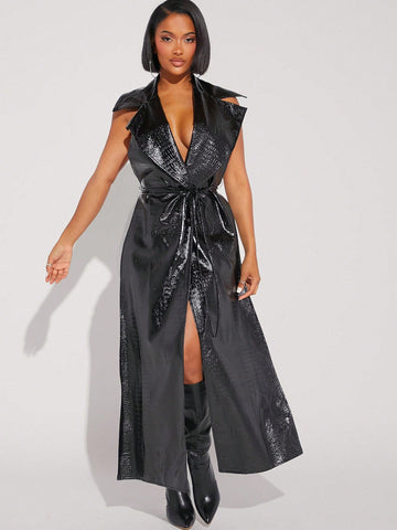 Patent Backless Belted Trench Coat