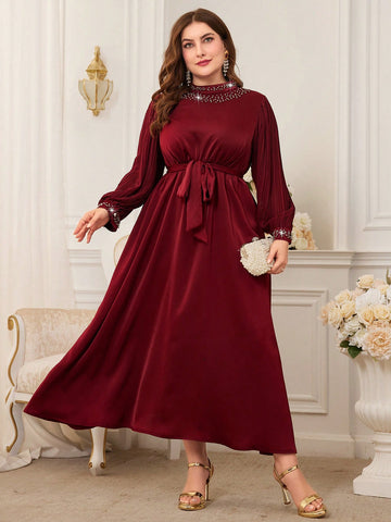 Women'S Plus Size Beaded Decor Pleated Long Sleeve Dress