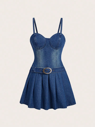 Women's Denim Dress With Pleated Hem And Spaghetti Straps, Washed