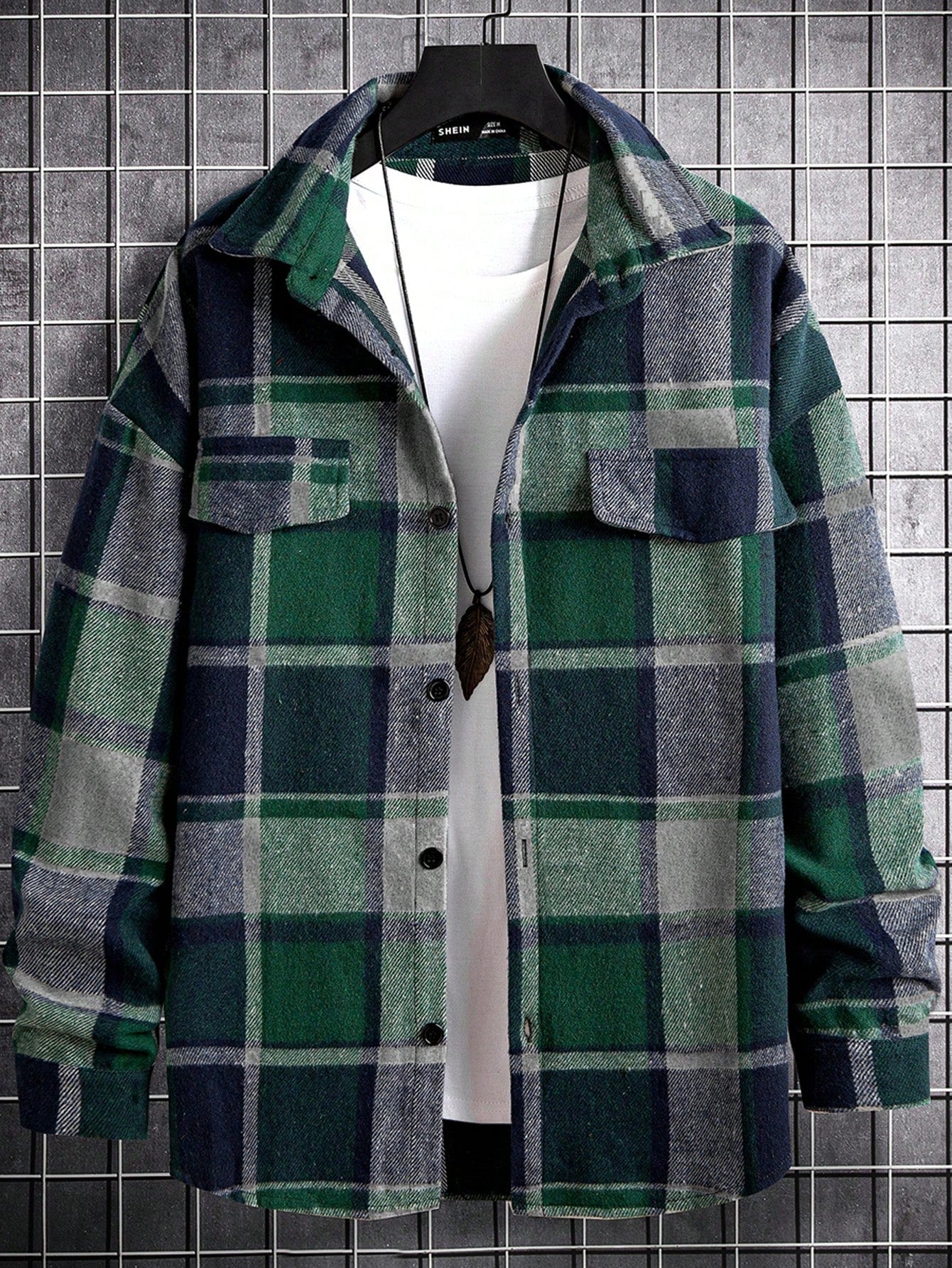 Loose-Fit Men's Plaid Overcoat With Flap Detailing (T-Shirt Not Included)