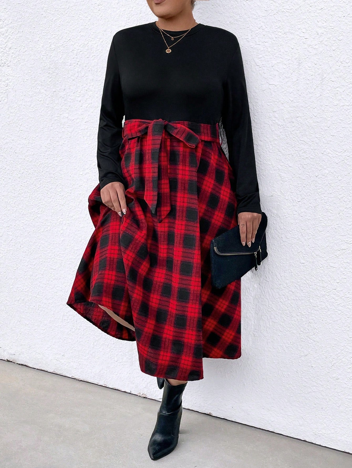 Plus Size Belted Plaid Patchwork Dress