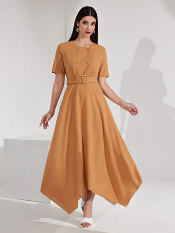 Double-Breasted Front Short Sleeve Belted Dress