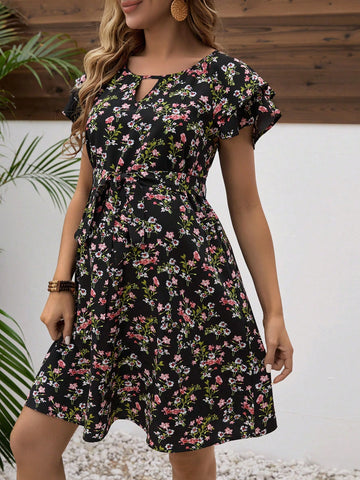 Maternity Floral Dress With Openwork Collar