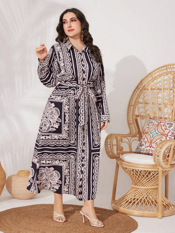 Plus Size Women'S Floral Printed Long Sleeve Dress