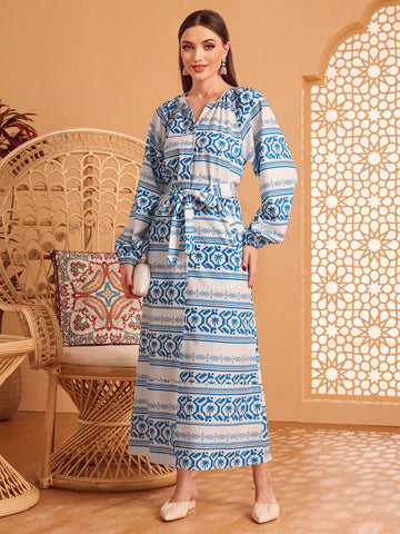 Printed V-Neck Lantern Sleeve Dress