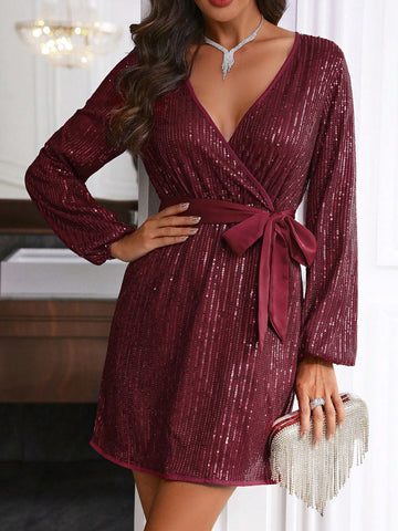 Women's Sparkly V-Neck Lantern Sleeve Dress