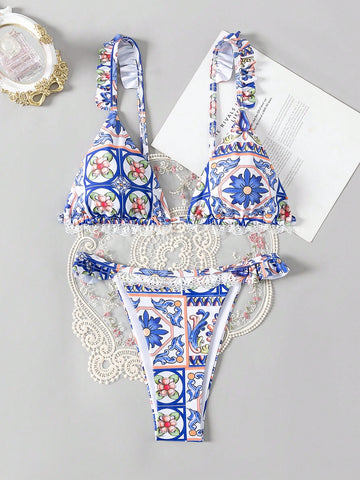 Women's Full Printed Bikini Set With Ruffle Hem Detail Music Festival