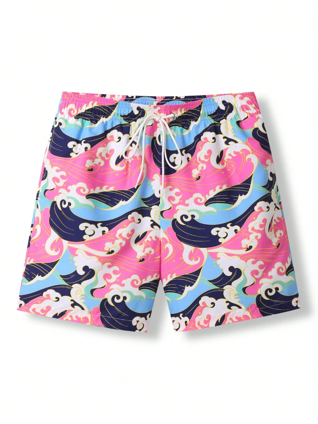 Men'S Beach Shorts With Drawstring Waist And Wave Print