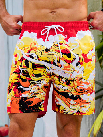 Men'S Dragon Printed Drawstring Waist Beach Shorts