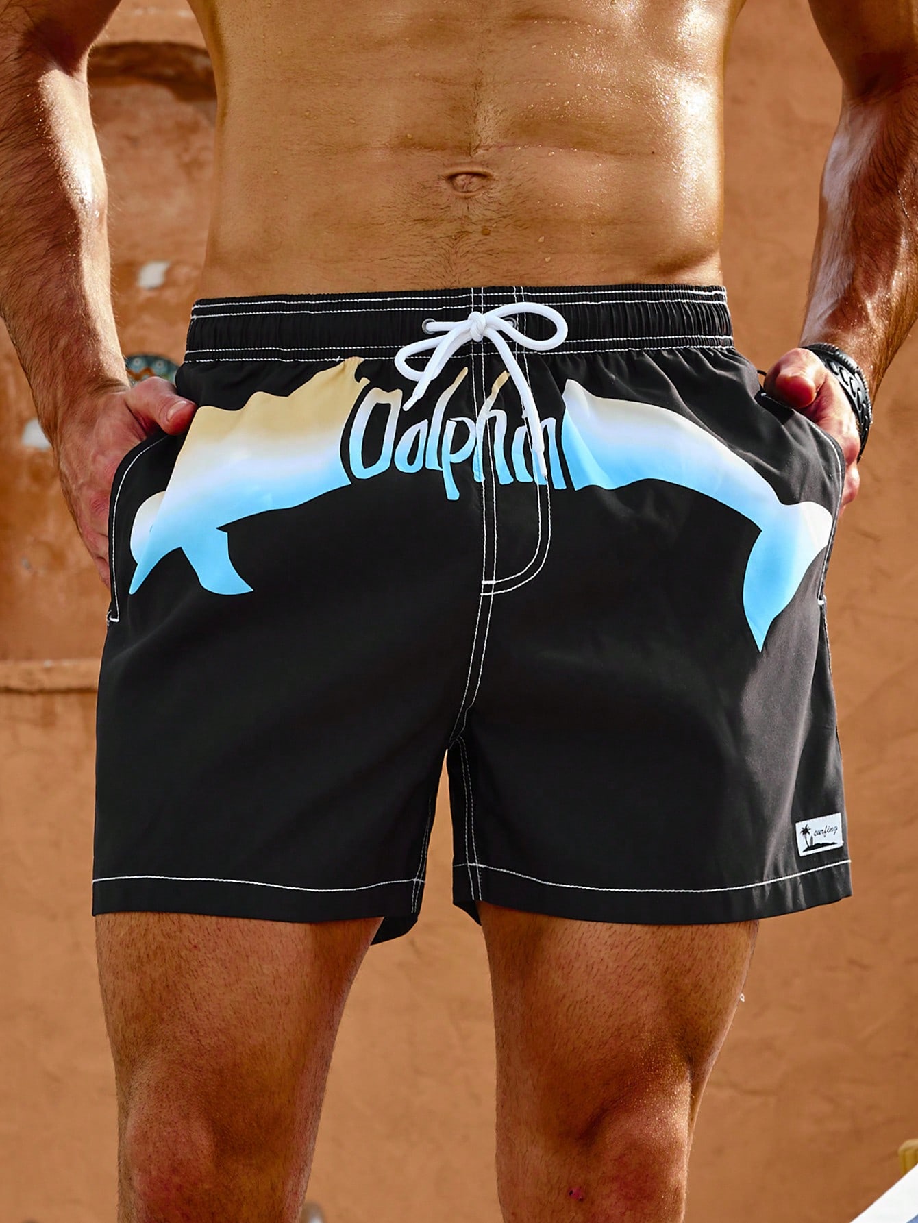 Men'S Dolphin & Letter Pattern Drawstring Waist Beach Shorts