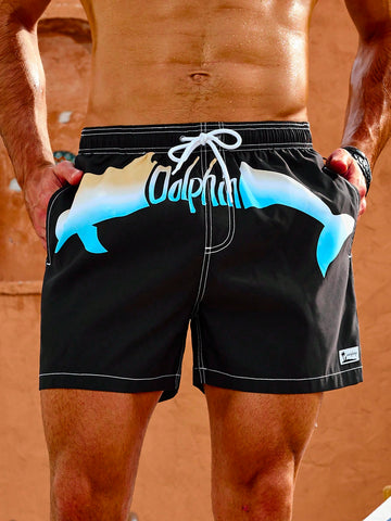 Men'S Dolphin & Letter Pattern Drawstring Waist Beach Shorts