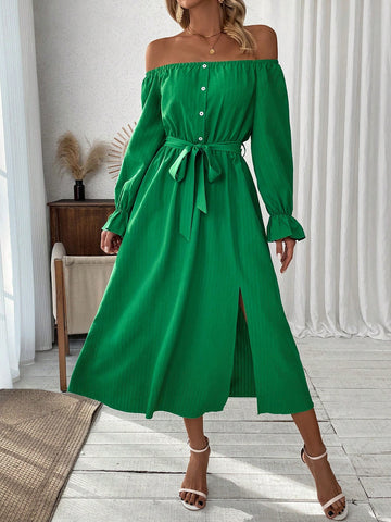 Solid Color Women's Off Shoulder Slit Dress