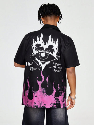 Men'S Eye And Flame Pattern Printed Short Sleeve Shirt