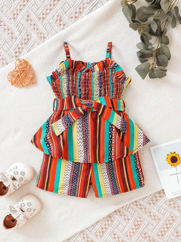 Baby Girl's Elegant Striped Beachwear Shirred Sleeveless Romper