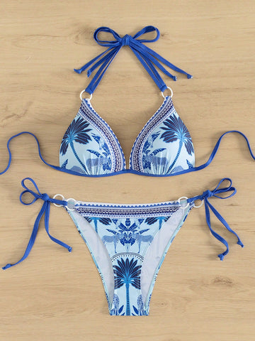 Women'S Coconut Tree Print Bikini Set With Circular Ring Decoration, Knot & Side Cutout Design Carnival