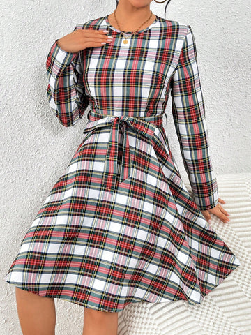 Plaid Pattern Belted Long Sleeve Dress