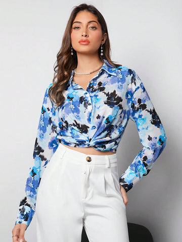 Women'S Floral Print Twist Knot Hem Long Sleeve Shirt