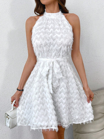 Wedding Guest Feather Fabric Halterneck Dress