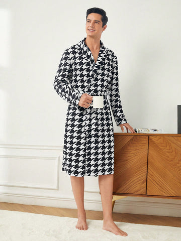 Men'S Houndstooth Printed Bathrobe For Home Wear