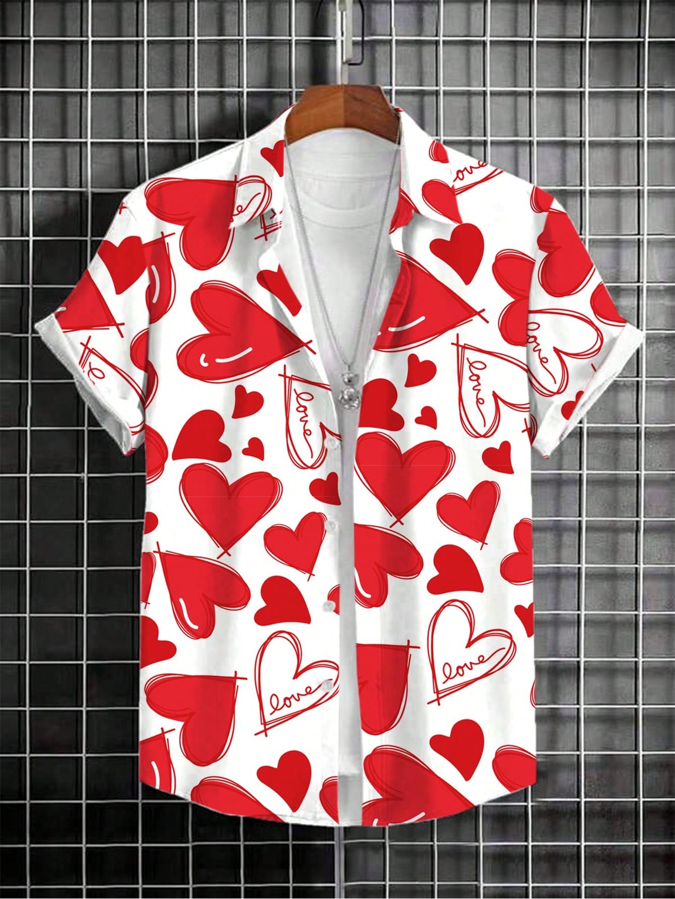 Men's Heart Print Short Sleeve Shirt