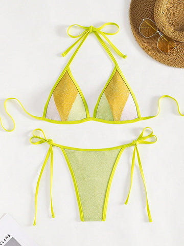 Women'S Color Block Knotted Halter Bikini Set