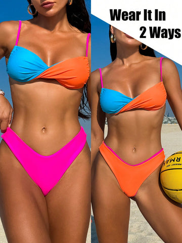 Ladies' Color Block Swimsuit Set With 2 Wearing Ways Carnival