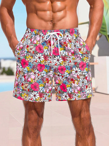 Men's Full-Printed Floral Drawstring Waist Beach Shorts