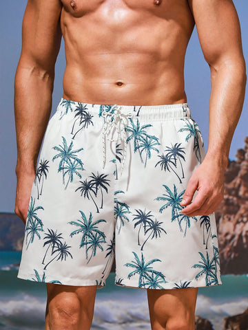 Men's Coconut Tree Printed Drawstring Waist Beach Shorts