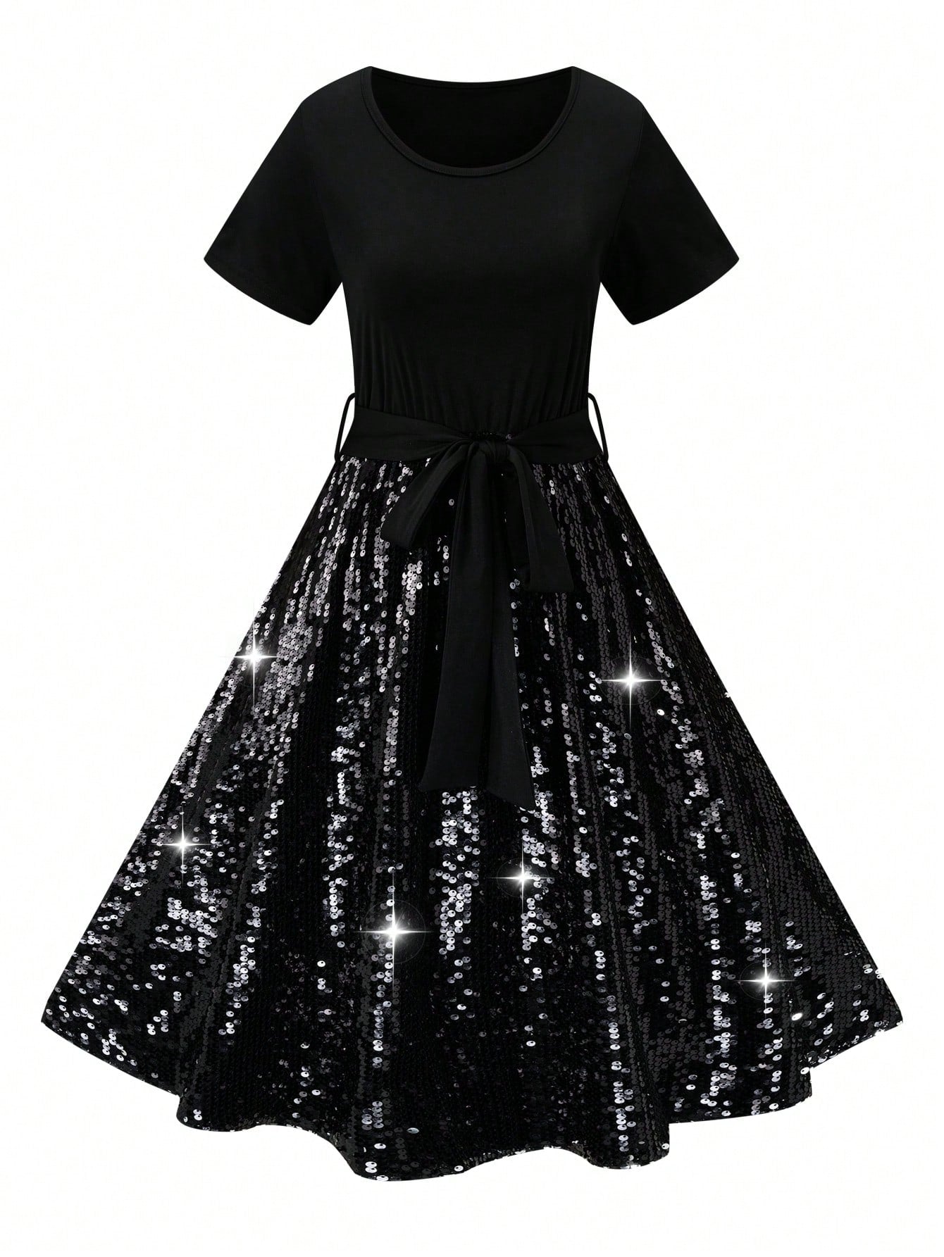 Plus Size Women's Short Sleeve Dress With Sequin Patchwork Hem