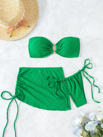 Solid Colored Textured Women's Two-Piece Swimsuit