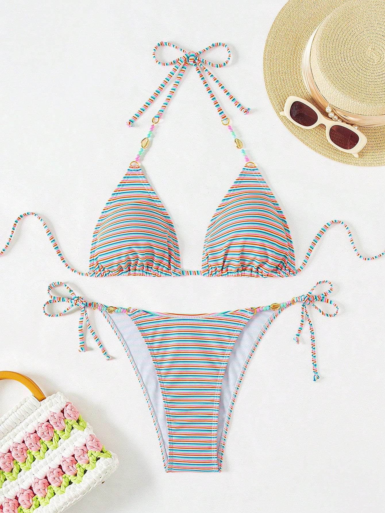 Women's Colorful Striped Halter Neck Swimsuit Set Carnival