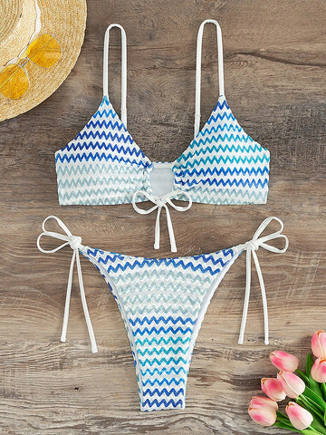 Zigzag Striped Pattern Knot Detail Side Tie Bikini Set Music Festival