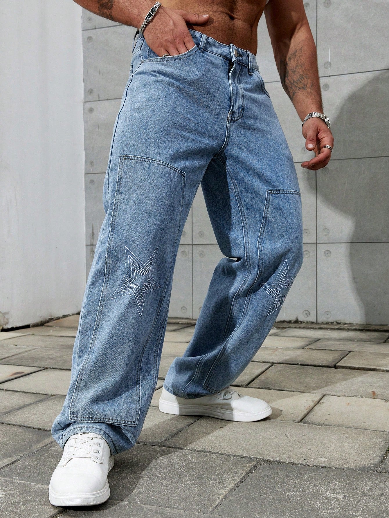 Loose Fit Men's Washed Jeans With Diagonal Pockets Baggy Jeans