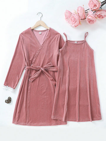 Teen Girl's Simple Design Velvet Cami Sleepdress And Matching Long Robe Two-Piece Homewear Set, Light Pink