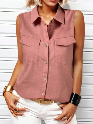 Women'S Sleeveless Shirt With Lapel Collar And Pocket