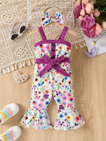 Baby Girl Summer New Flowers Printed Ruffled Jumpsuit With Headband