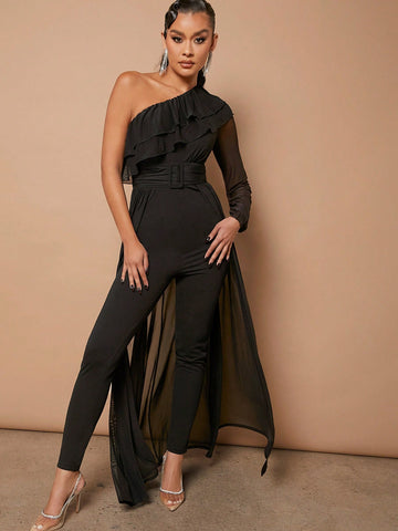 One Shoulder Ruffle High Low Jumpsuit